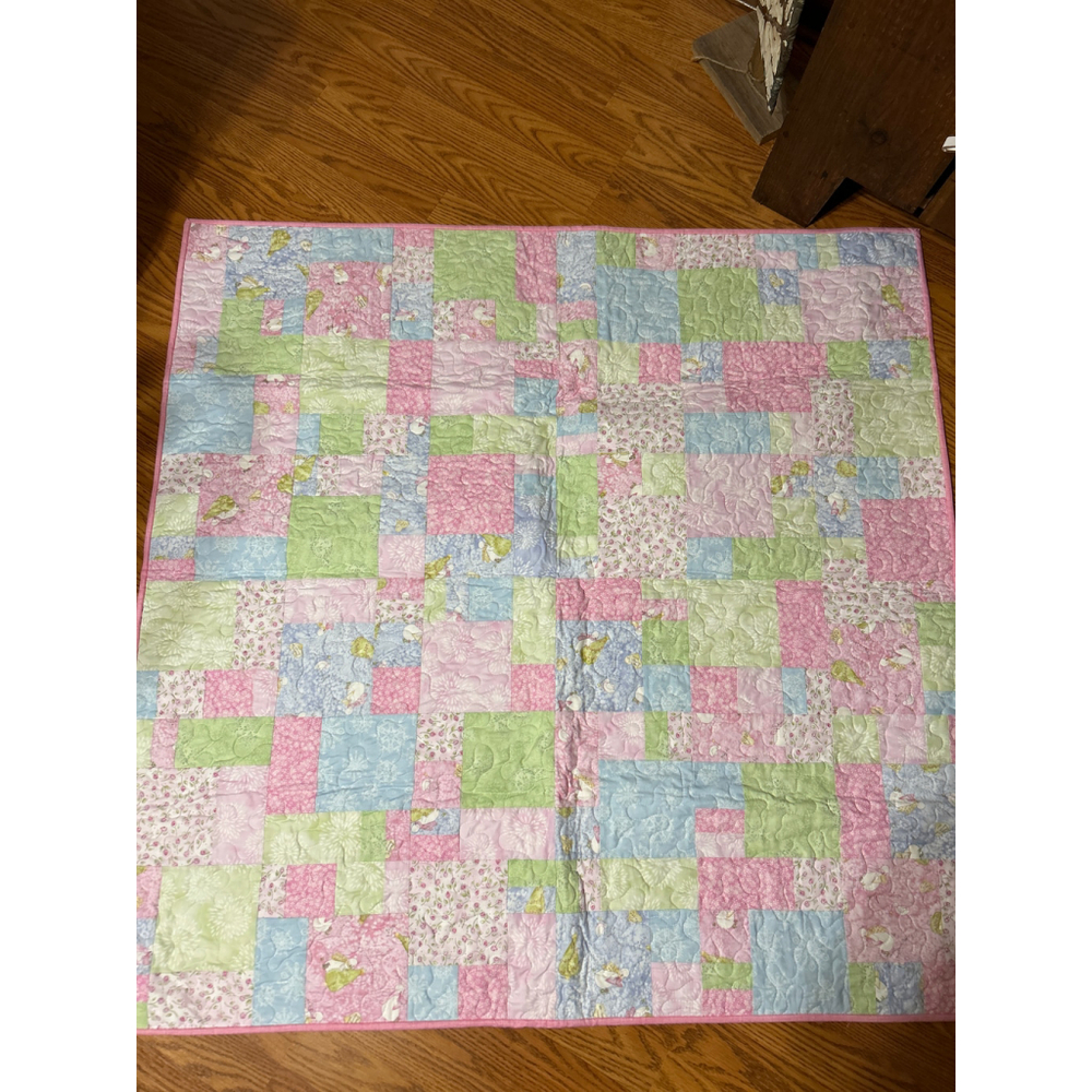 Girls Handmade Unbranded Baby Quilt Pink,‎ Light Green, Blue 44 1/2 x 44 1/2